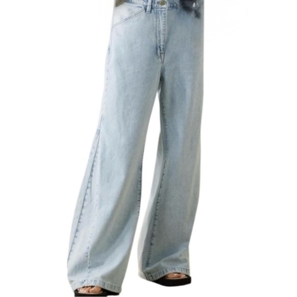 FRAME Le Baggy Palazzo Jeans Women Size 25 Light Blue Cotton Linen Wide Leg - Picture 1 of 11